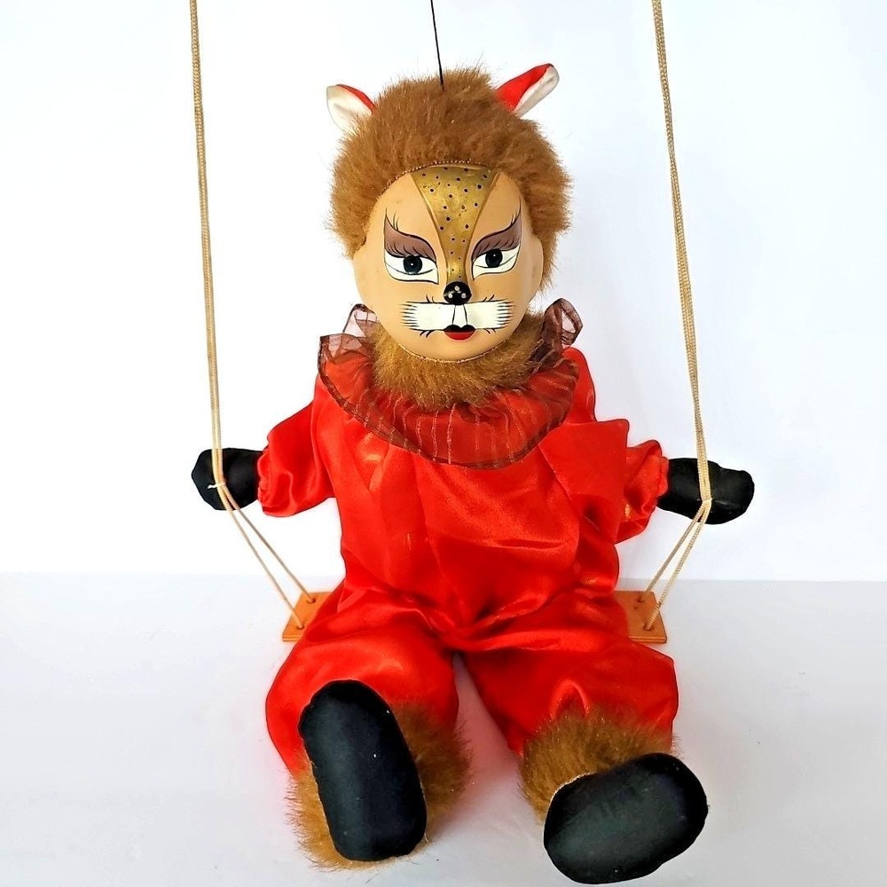 Vintage‎ Red Satin Lion Cat Hanging Swing Doll Hand Painted Face Circus Kitsch